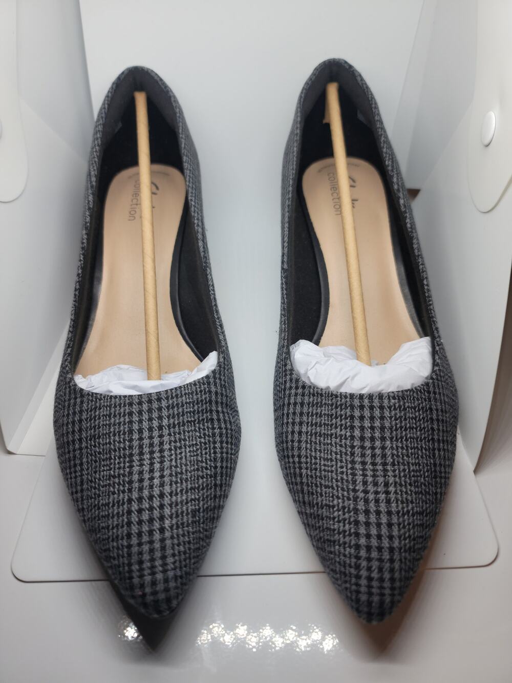 Clarks Teresa Block Heel Pumps in Grey and Black Houndstooth